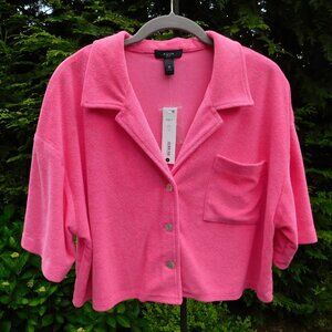 Aqua Oversized Button-Front Terry Crop Top NWT